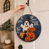 Indoor Outdoor Holiday Ornament Halloween Boo Wood Door Hanger Sign with Cute Ghost Black Hat Pumpkin Print, Front Decorative Craft Gift Porch