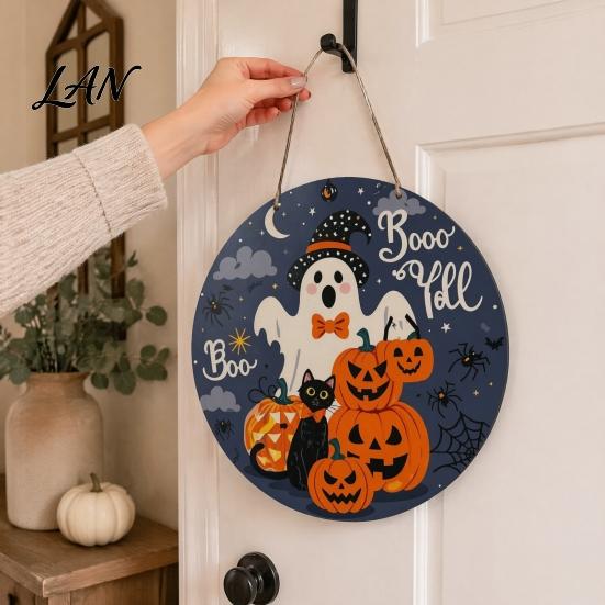 Indoor Outdoor Holiday Ornament Halloween Boo Wood Door Hanger Sign with Cute Ghost Black Hat Pumpkin Print, Front Decorative Craft Gift Porch