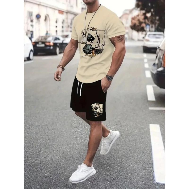 

New Men s Summer Street Trendy Letter Printed Comfortable Breathable Round Neck T-shirt Shorts Set Outdoor High Street Clothing S