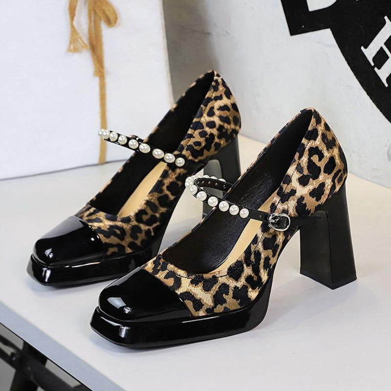2026 Zapatos de Tacón Alto de Moda para Mujer Zapatos de Fiesta Marca Moderna Plataforma Cuadrada para Damas 10 cm Leopardo Negro