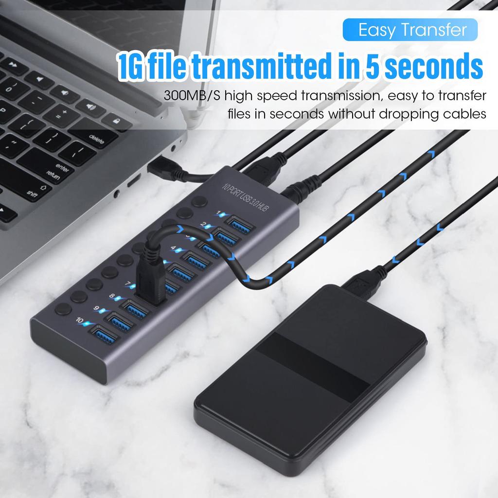 60W USB Hub with Independent Power Switch and Aluminum Housing USB Docking 60W Power Adapter 10-port 3.0 LED, 3.0 Station, 12V/5A (100-240V) (US Plug)
