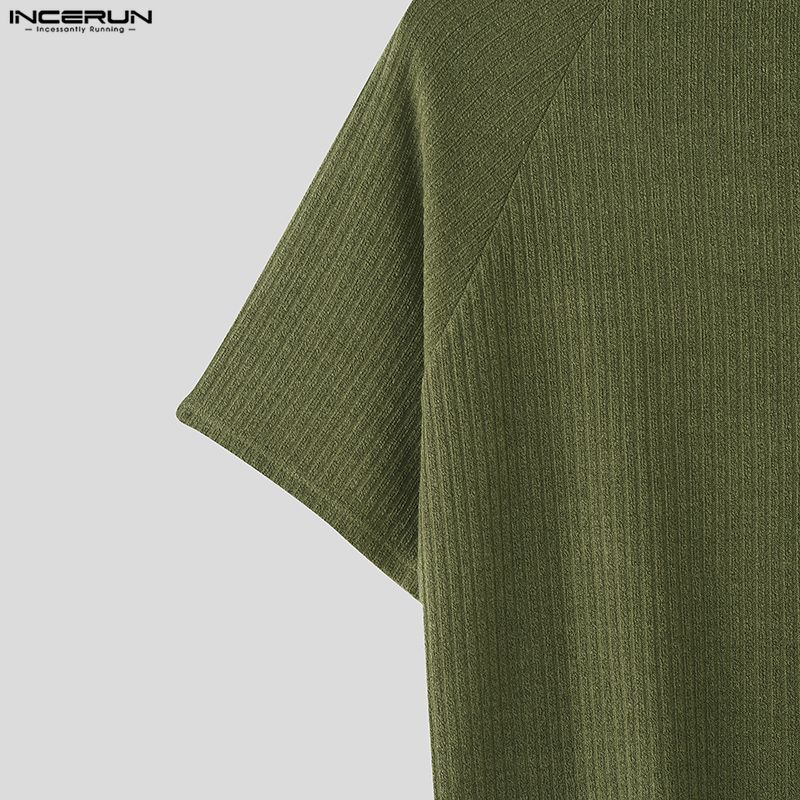 INCERUN Men High Neck Short Sleeve Casual Rib Fitted Tops T-shirts
