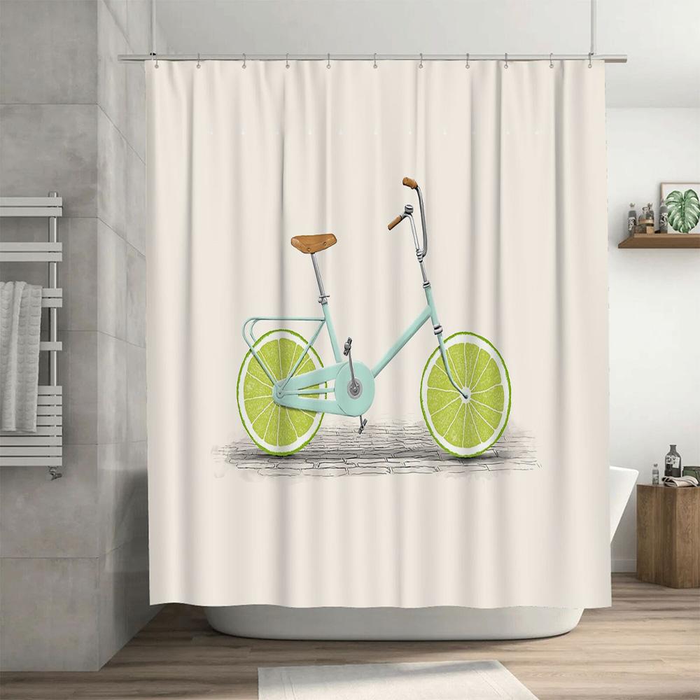 Cortina de Ducha de Bicicleta Vintage Verde Limón Botánico Estilo Granja Decoración de Baño Tejido Lavable Decoración del Hogar