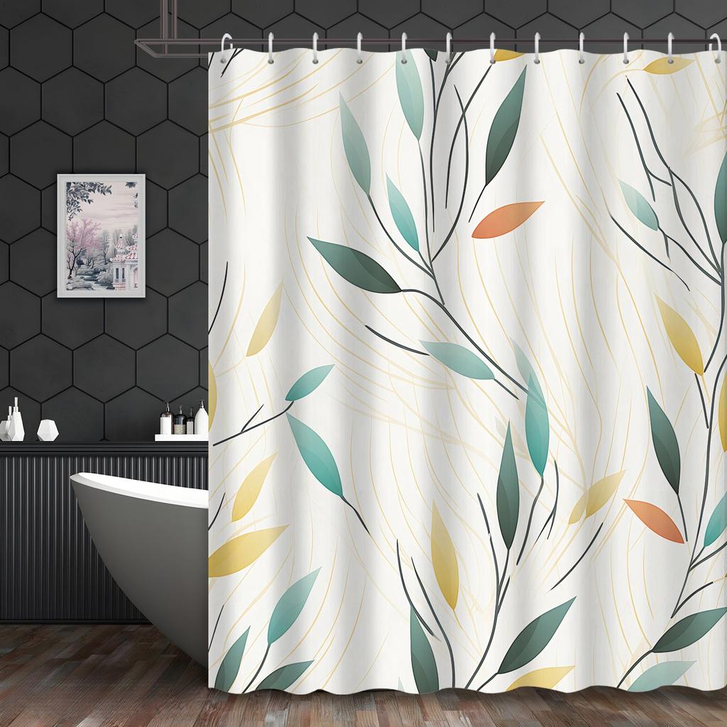 1pc Modern Leaf Print Shower Curtain, Polyester Fabric, Machine Washable, Suitable for Bathroom Decoration