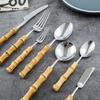 Long Handle Serving Spoon Fork Stainless Steel Gold Silver Bamboo Wooden Salad Spork Dessert Salad Spoon Tableware Set Kitchen