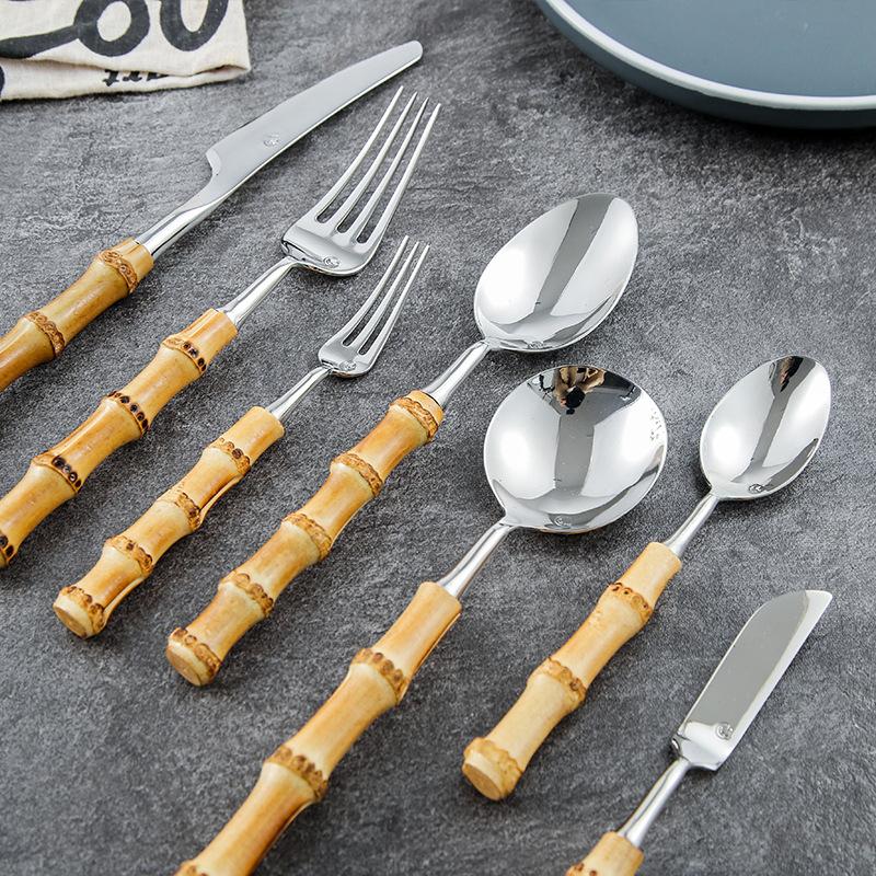 Long Handle Serving Spoon Fork Stainless Steel Gold Silver Bamboo Wooden Salad Spork Dessert Salad Spoon Tableware Set Kitchen