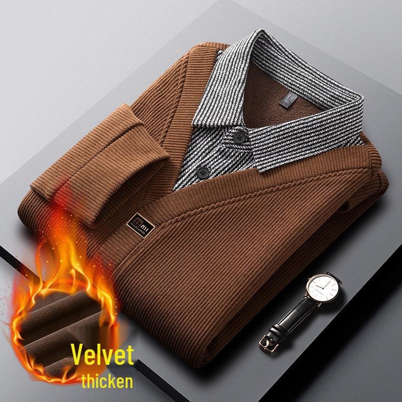 

Men s Winter Fleece-Lined Two-in-One Shirt: Warm Mid-Youth Base Layer with Collar Splicing XL кавовий