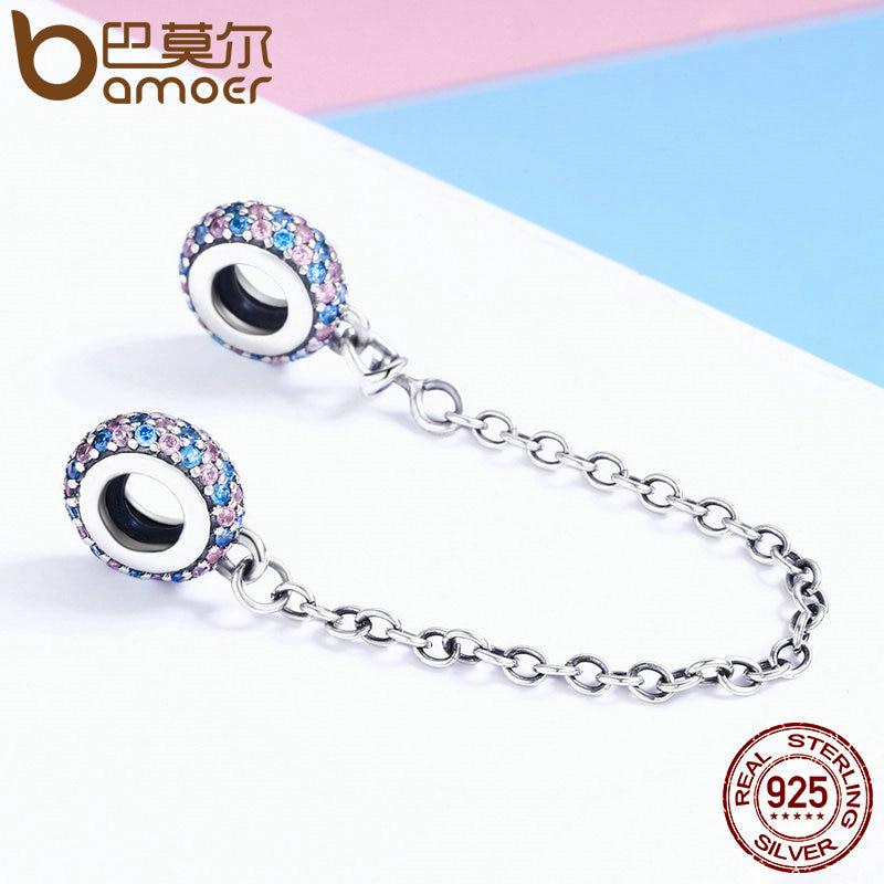 Brățară cu lanț rotund de siguranță BAMOER, 100% argint 925, roz și albastru CZ