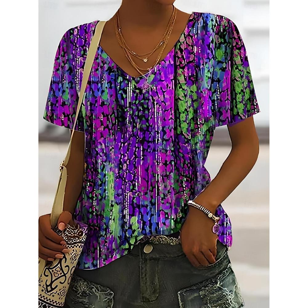2025 Ethnic Women's T-Shirt Vintage Flower Graphics Fashion Short Sleeved V-Neck Regular