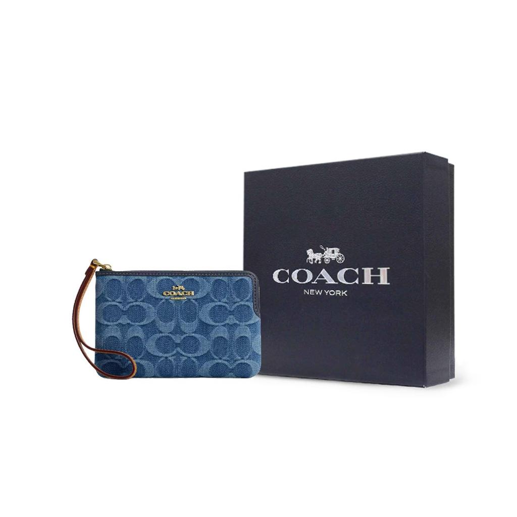 Coach Corner Zip 15 Classic Brand Embossed Smooth Leather And Denim Mini Clutch Women Clutch Indigo CDF26-IMTYV