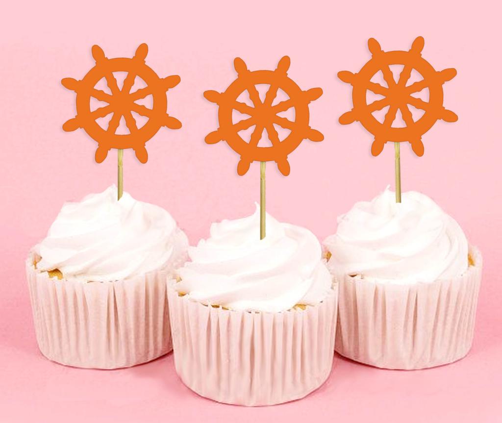 Darling Souvenir| Ship Wheel Cupcake Toppers| Beach Wedding Party Dessert Decorations - Pack Of