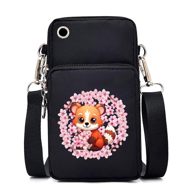Cherry Blossoms Animal Raccoon Cartoon Printed Messenger Bag Multi-Function Mobile Phone Bag