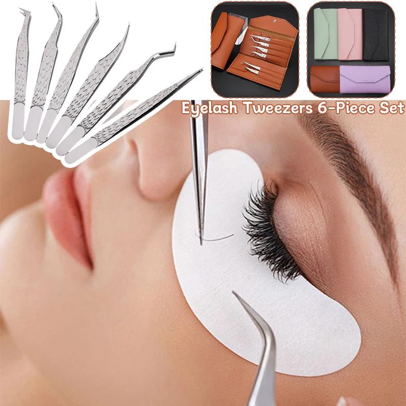 6Pcs False Eyelash Tweezers Set for Fake Fan Lashes Eyelash Extensions Planting Eyebrow Clip Eyelashes Tongs Makeup Nail Tools