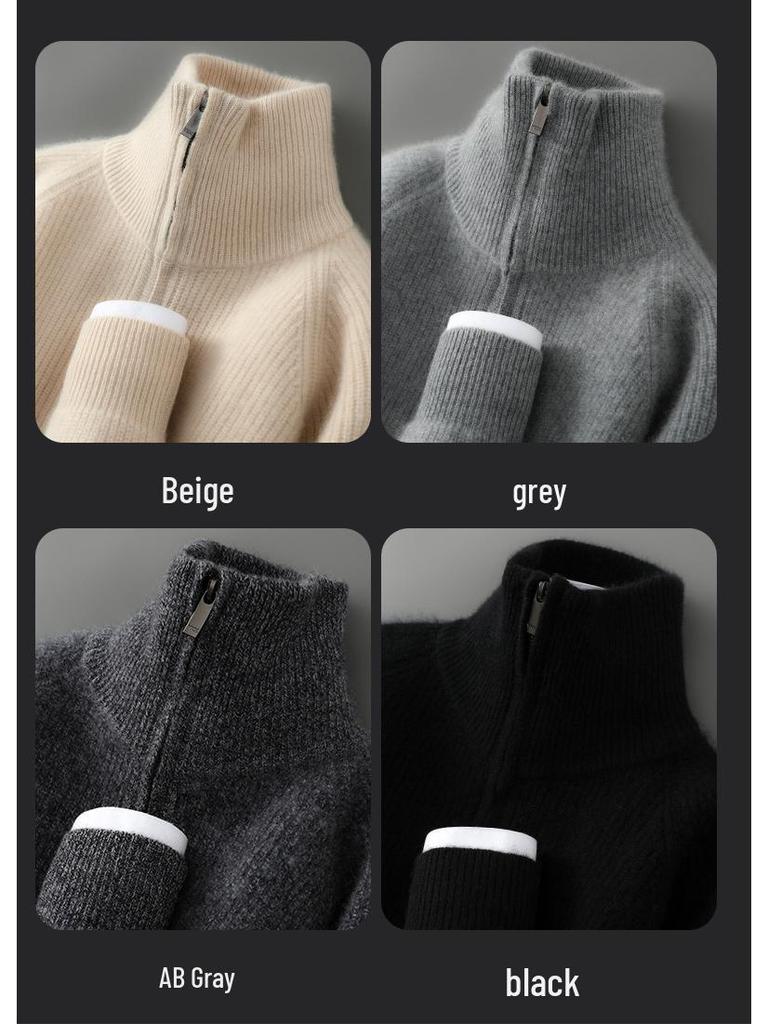 Men's Double-Ply Pure Wool High Neck Zipper Cardigan - Thickened Loose Casual Knit Sweater for Autumn and Winter.