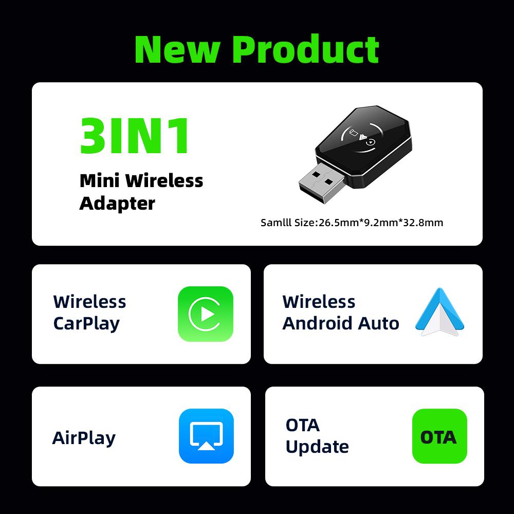 EKIY 3in1 Wired CarPlay To Wireless CarPlay Adapter Wireless Android Auto Dongle Airplay AI Smart Box Car Intelligent Systems