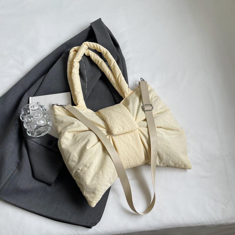 Nylon Puffer Shoulder Bag Women Bowknot Tote Bag Adjustable Strap Female Handbags Purse Causal Crossbody Messenger Bag