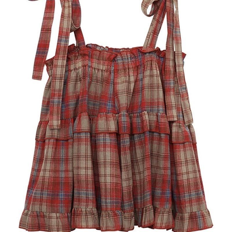 Plaid ruffle edge small suspender vest women's summer sweet and spicy retro inside and outside, seaside vacation style loose top