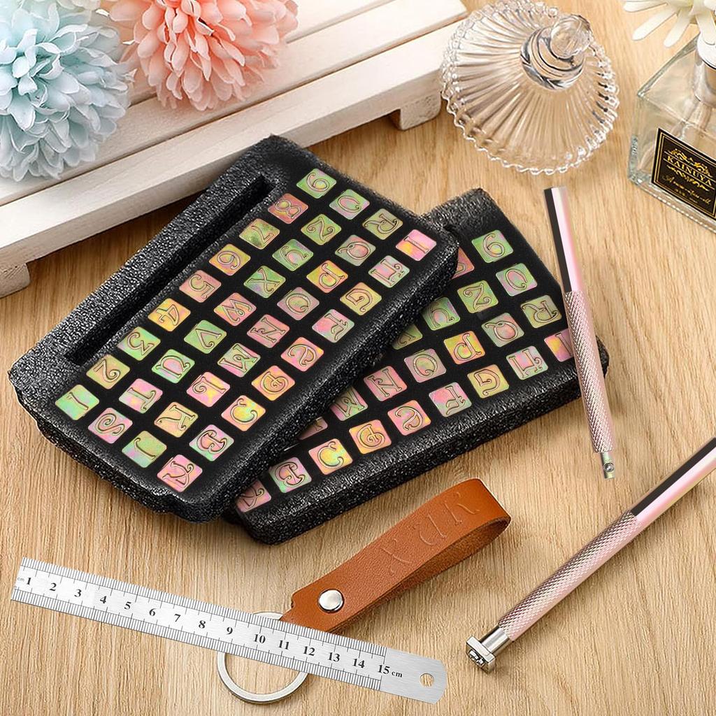 Pacify Kožedělná Raznicová Sada 9mm Abeceda a Čísla Vyměnitelné Raznice na Kůži a Řemesla Ocelové Měřítko a Úložná Sada, 36 kusů