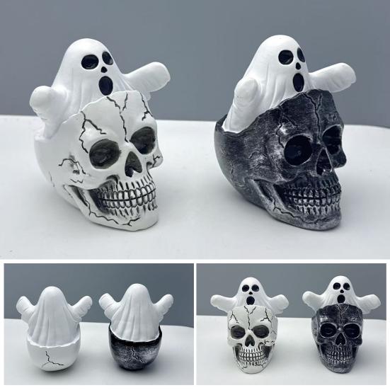 Mini Skull Head with Ghost Figurine Spooky Skeleton Head Ghost Halloween Decor for Gothic Porch Indoor Office Desk Tabletop Mantel Decoration