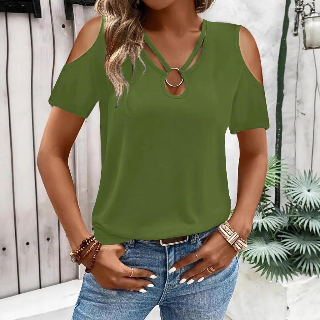 2025 Women's Solid Color Off-Shoulder Loose V-Neck Short Sleeve T-Shirt