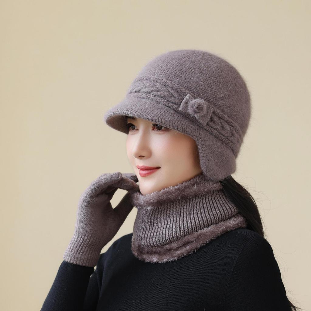 Hat Winter Knitted Rabbit Fur Scarf Set Mom Middle-aged Old Lady Home Lover Cold Protection Grandma