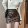 Kožené záhyby Ruched Minisukně Asymetrická Lrrgular Pu Faux Sukně do A s vysokým pasem Streetwear Tenké korejské módní oblečení