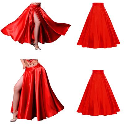 Girls Satin Skirt Side Split Wide Hemline Hook Loop Fastener Waistband Spanish Flamenco Ballroom Dance Skirt