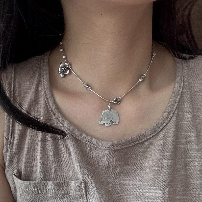 Этнический стиль  Тайское серебро ретро цветок-яйцо слон подвеска ожерелье Мужские и Женские  милая цепочка-ошейник  аксессуары 45cm