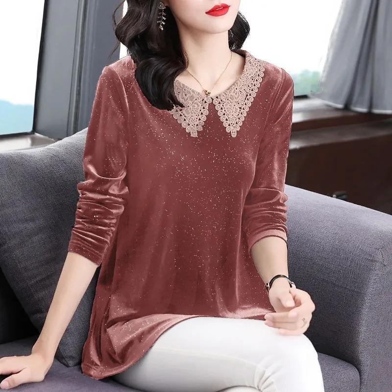 Baby Doll Collar Gold Velvet Bottoming Shirt Women's Long-sleeved T-shirt Spring and Autumn New Fashion Large Size Black Top