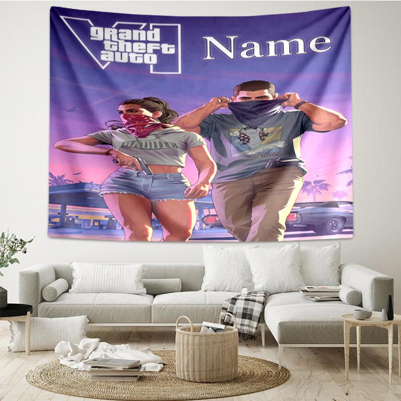 Custom Name GTA 6 Print Tapestry, Backdrop, Easy Setup, Ideal for Bedroom, Office & Living Room, with Aesthetic Wall Hanging Decor.