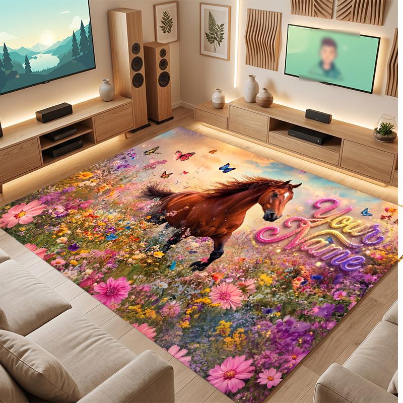 Horse Theme Soft Crystal Velvet Rug Custom Name & Text Print Non Slip Floor Rug for Bedroom Living Room