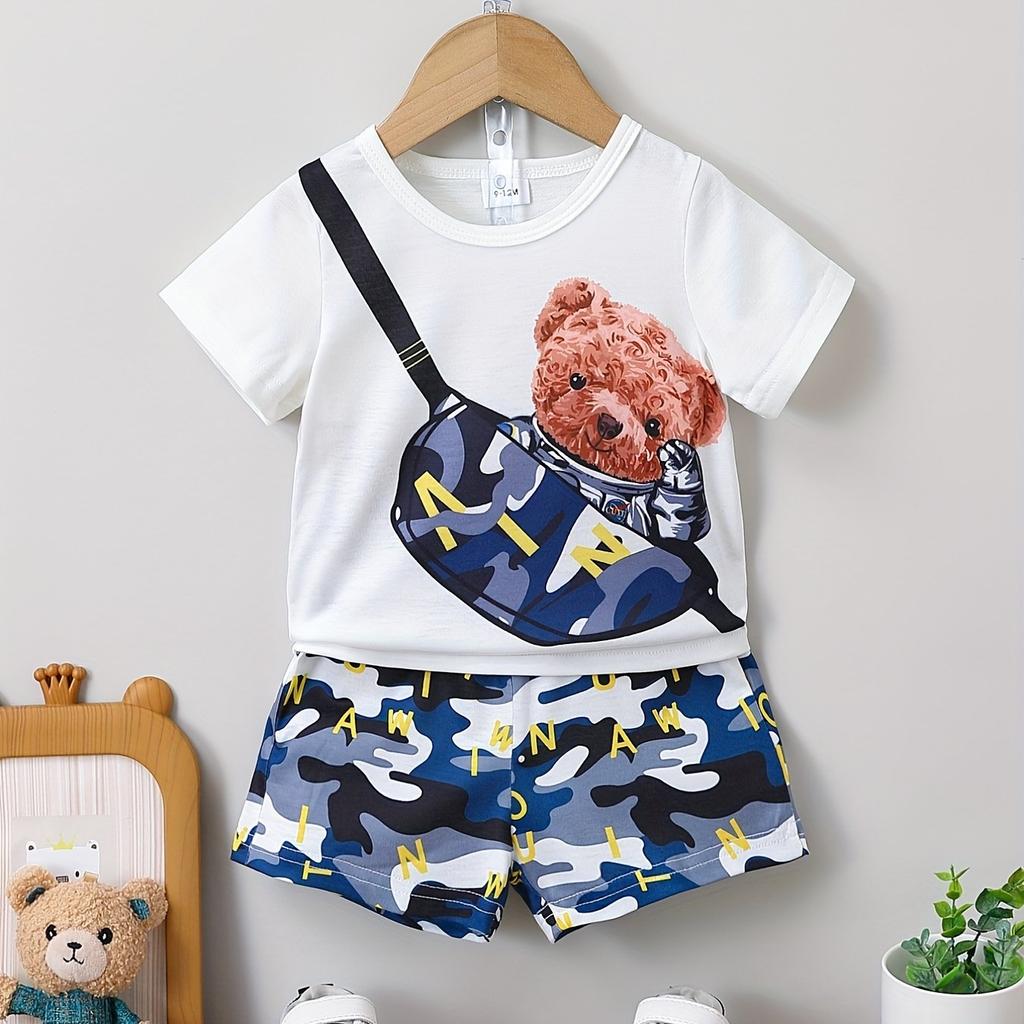 Summer Girls' Tee Trendy Preppy Kids Outfit Cute Slant Bag Bear Girls' Holiday Casual T-Shirt Set Home Pajama Set Ice Silk Set