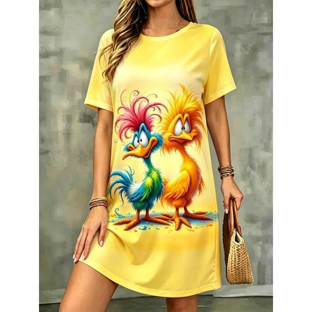 Summer Cartoon Animal 3d Print Plus Size Loose Dresses Fashion Comfortable Breathable Dresses Women Casual Vacation Round Neck Short Sleeved Dresses