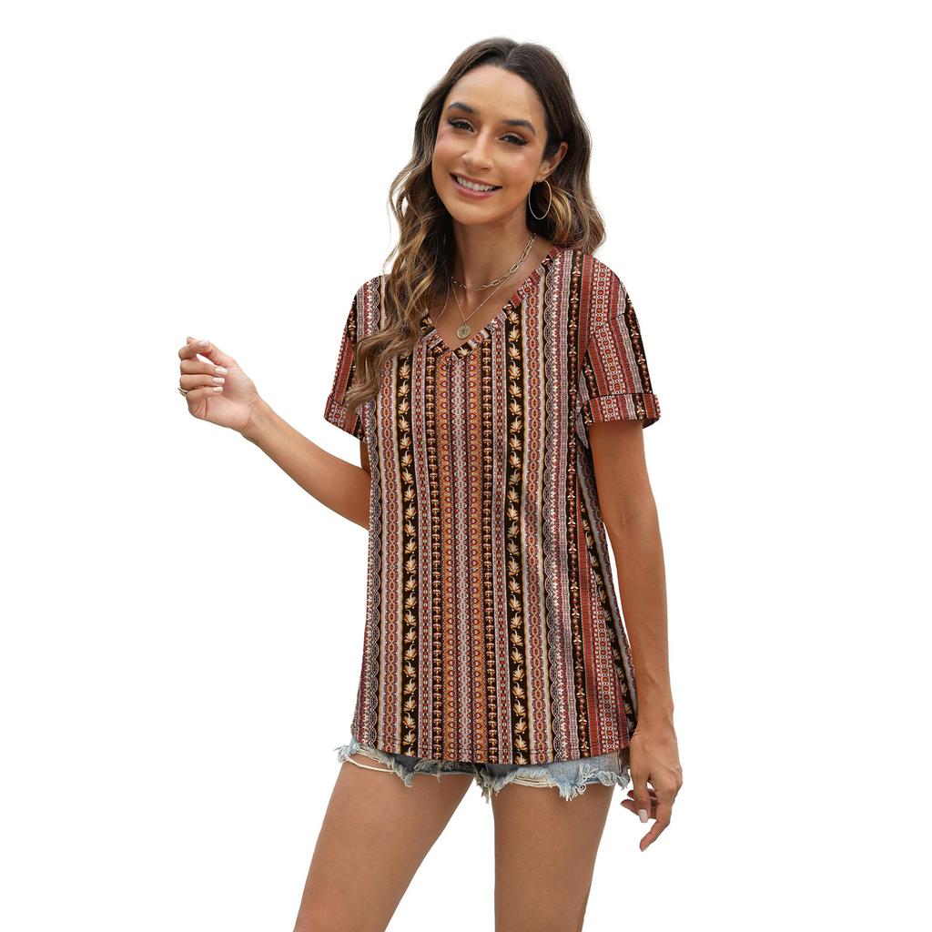 Women's V Neck Short Sleeve Casual Top Lightweight Loose Fit Pullover Blouse with Printed Pattern for Spring Summer Wear