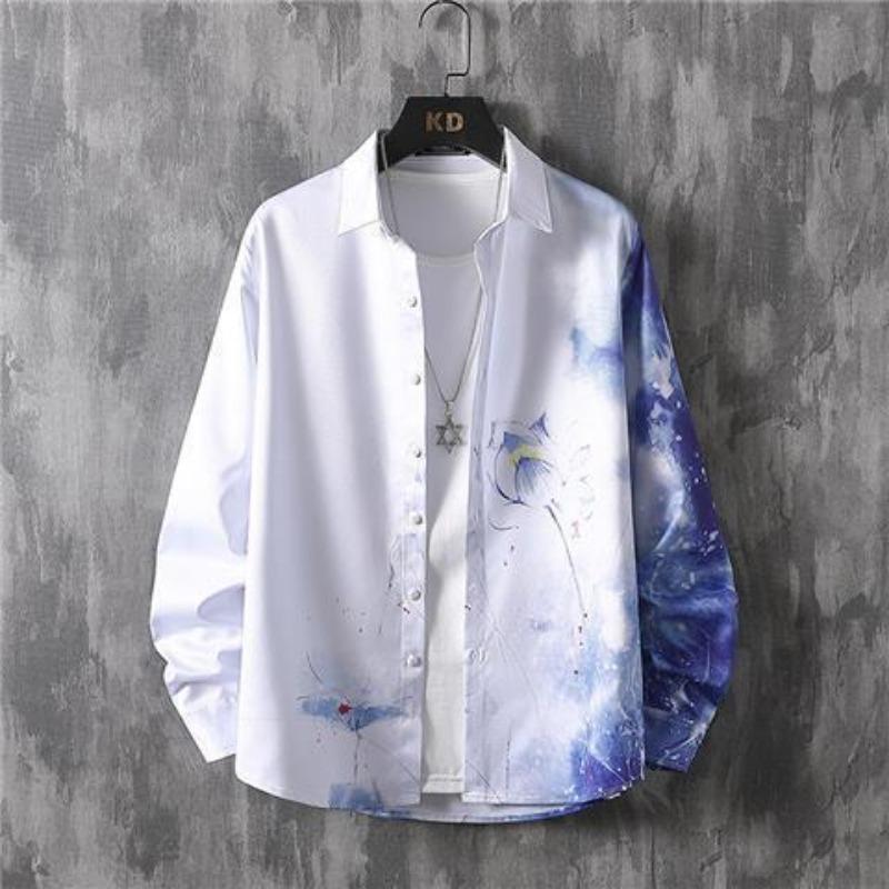 Men Ink Painting Print Long Sleeve Shirt White Black Gradient Casual Loose Fashion Top S синий