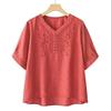Women Floral Embroidery V-neck Blouse Half Button Short Sleeve Casual Loose Fit Top