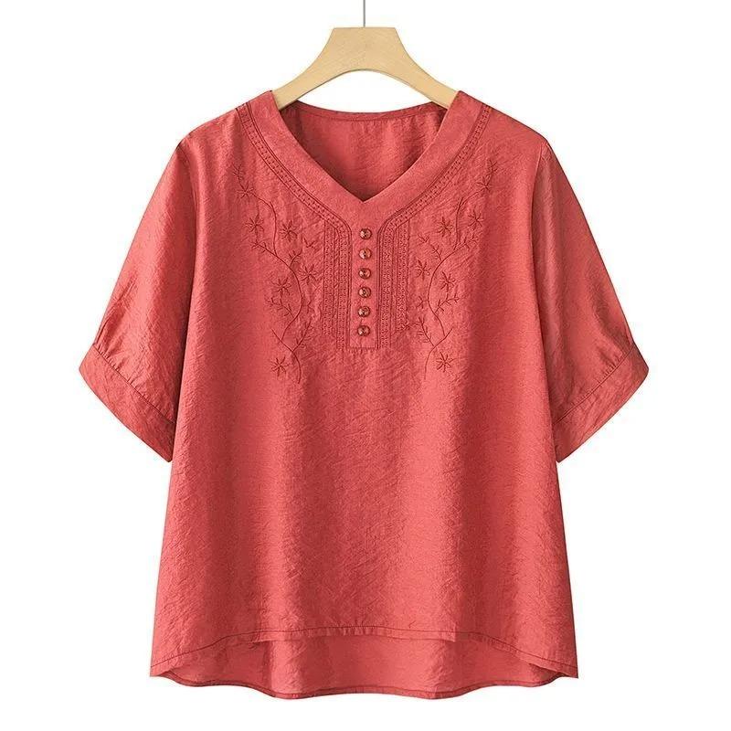 

women floral embroidery V-neck blouse half button short sleeve casual loose fit top M
