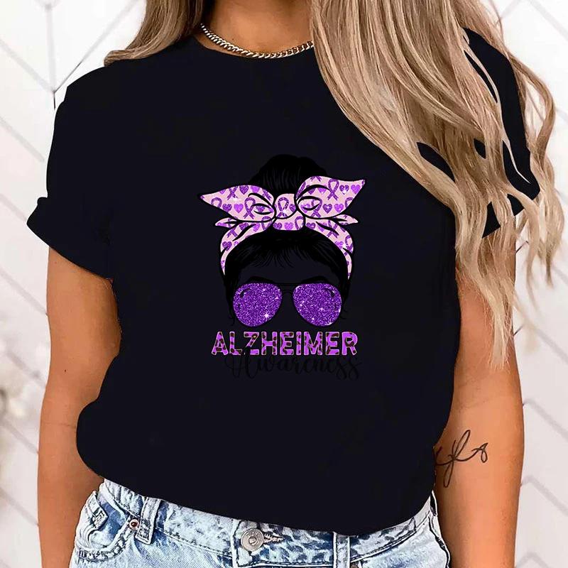 (High Quality T Shirt)new Alzheimer's Awareness Print T Shirts Women Casual Round Neck Tees Top Summer Cool Loose Short Sleeve