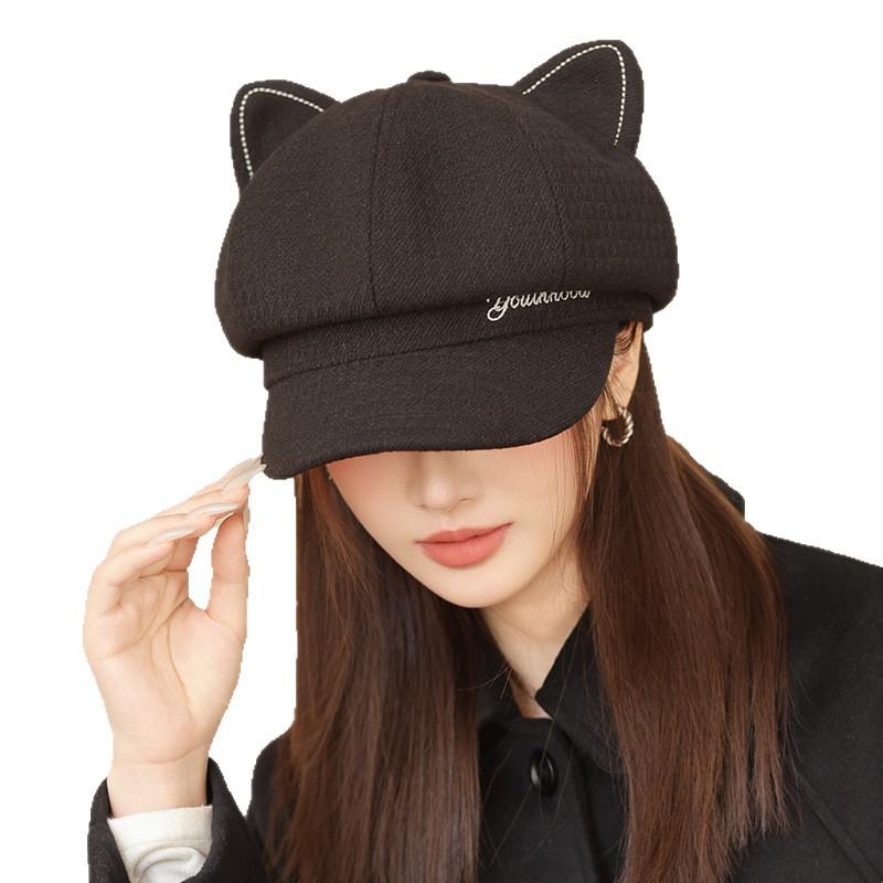 Retro Korean-Style Women's Beret: Octagonal Duckbill Hat with Cat Ears, Perfect for Autumn/Winter and Large Head Circumference