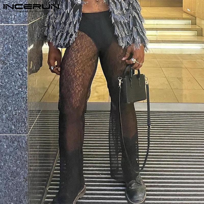 

INCERUN Большие размеры, летние мужские модные прозрачные сексуальные длинные брюки, клубная одежда, кружевные брюки, черные широкие брюки макси