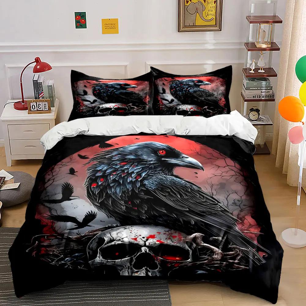 Black Raven with Crimson Background Print Bedding Set Black Raven Duvet Cover Pillowcases for Adult and Children Luxury Gift