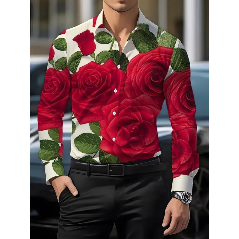 Men's Rose Graffiti Printed Long Sleeve Shirt, Collar Cardigan Shirt, European and American Trendy Casual Versatile Top