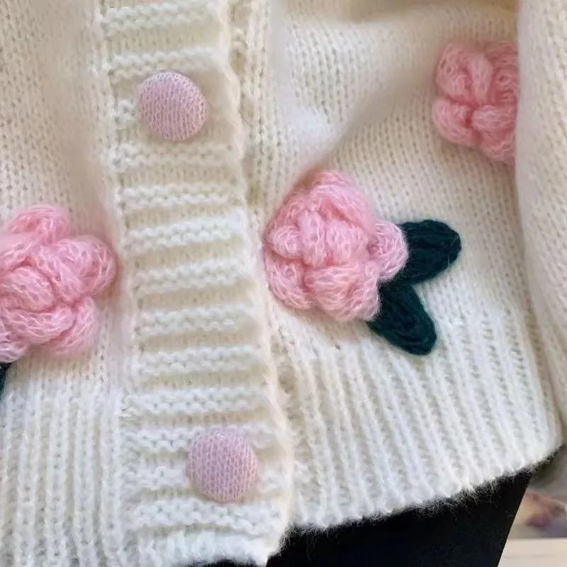 Damen Strickjacken Herbst Übergroß Grobstrick 3D Blume Offene Vorderseite Strickpullover Süße Trendige Strickjacken für Damen