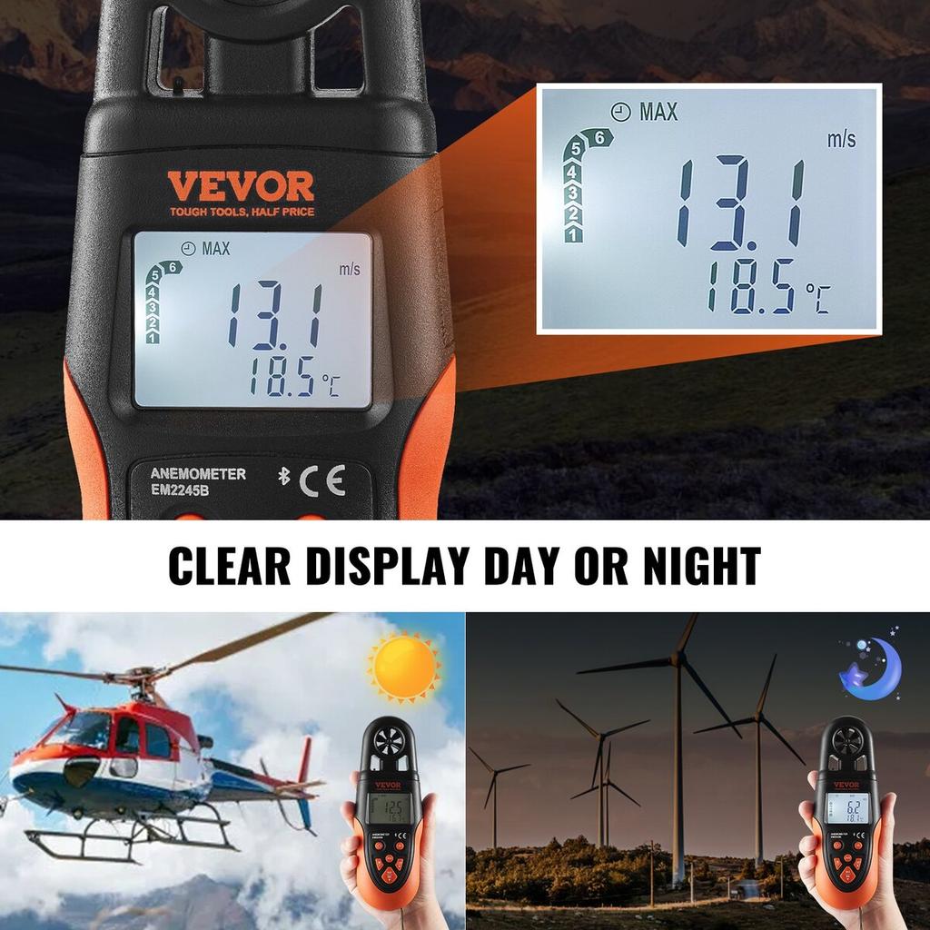Bluetooth Handheld Anemometer, 14℉-140℉, Digital Wind Speed Meter Gauge with LED Backlight Screen, Measures Wind Velocity Wind Temperature Air Flow