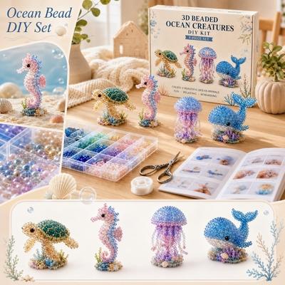 3D Beaded Creatures DIY Kit with Assorted Beads Tools and Instruction Book for Crafting Sea Animal Models