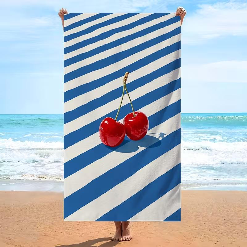 Süßes Kirschmuster Strandtuch Blau Weiß Diagonal gestreiftes Badetuch Schnelltrocknend Saugfähig Sandfreies Handtuch für Erwachsene Strandnutzung