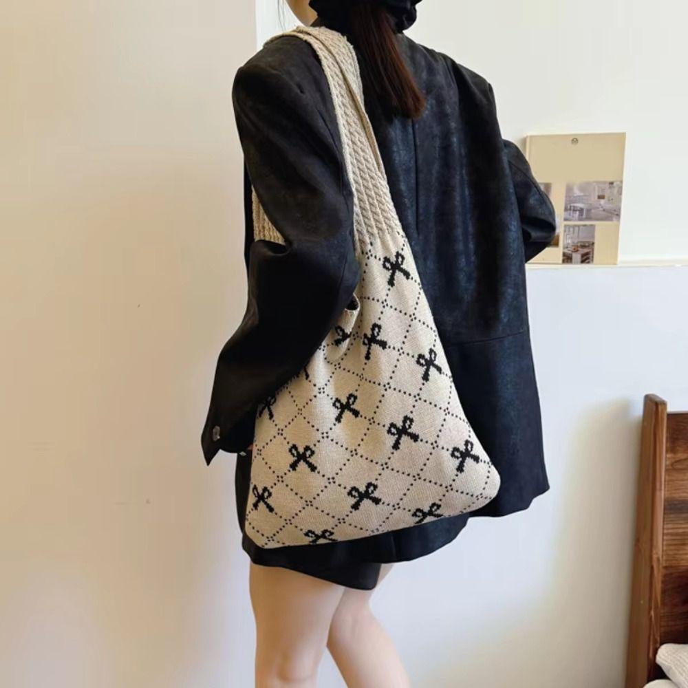 Soft Bow Knitting Shoulder Bag Sweet Casual Woven Handbag Elegant Beach Bag Vacation