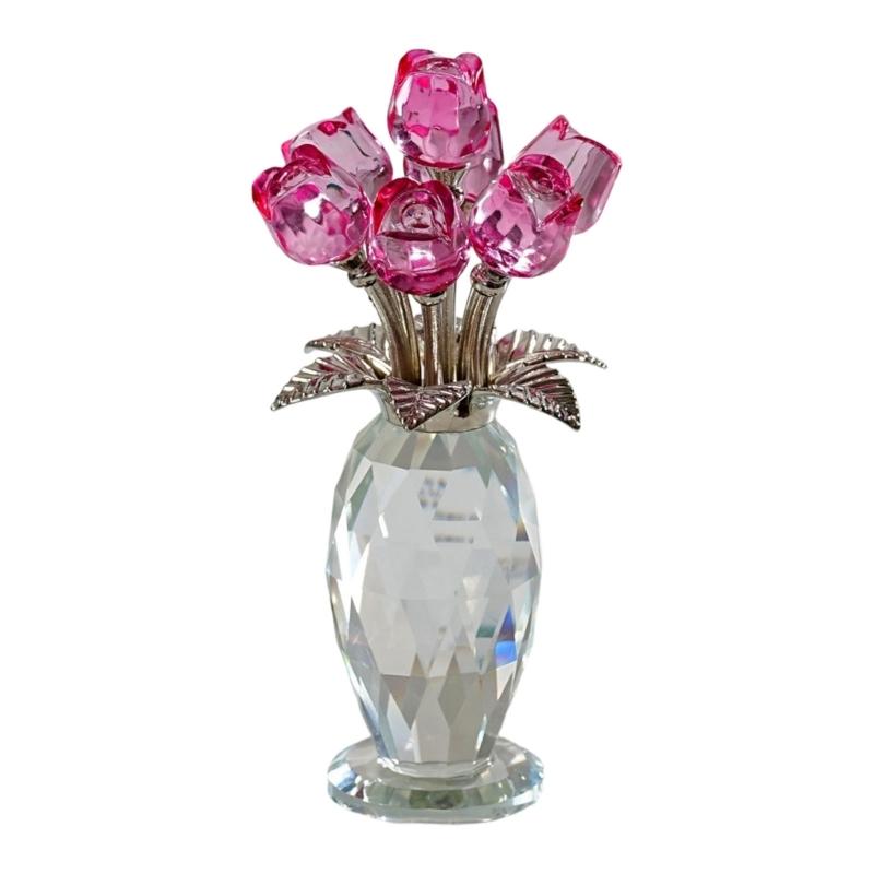 Crystal Rose Figurines Ornament,Crystal Bouquet Ornament Collectibles Handmade Rose Flower Gift for Wife Mom Girlfriend
