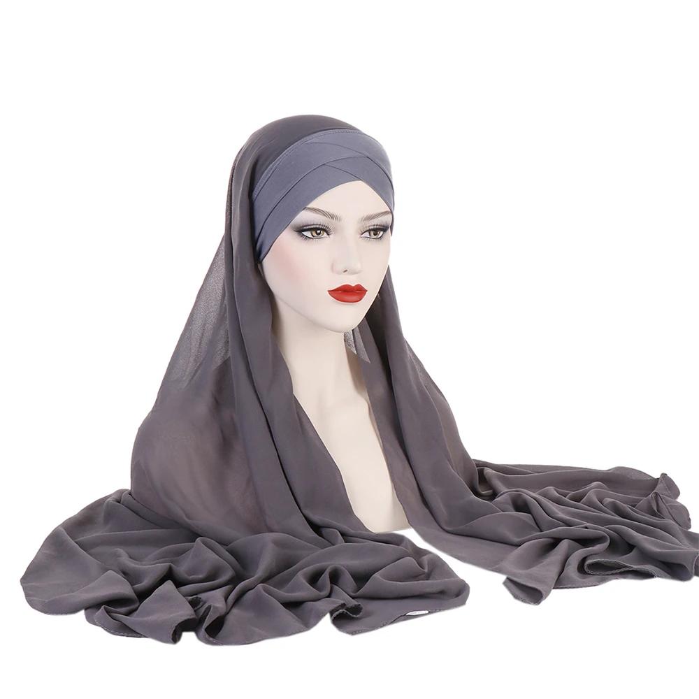 

Forehead Cross Hat with Chiffon Scarf Instant Hijab Underscarf Bonnet Cap Muslim Women Long Shawl Wrap Veil Amira Headscarf 1pc