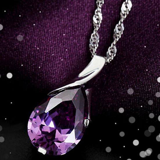Women's Purple Zircon Teardrop Pendant Chain Choker Necklace Noble Jewelry Gift